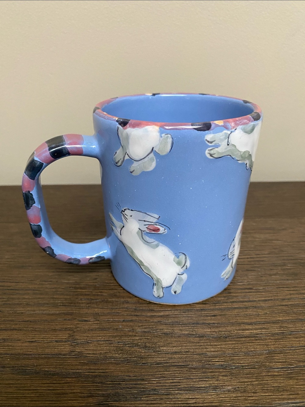 Patricia Dupont Folk Art lavender Jumping Rabbits Hand painted Coffee Mug 1995
